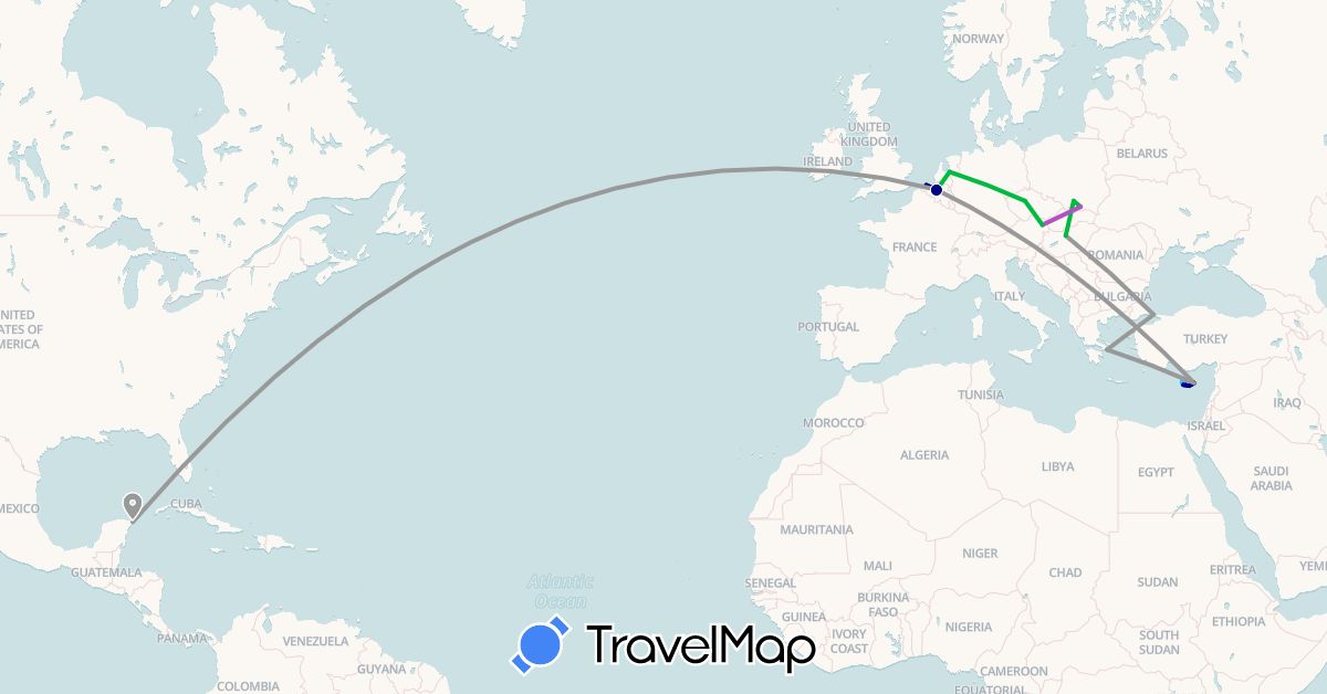 TravelMap itinerary: driving, bus, plane, train, boat in Austria, Belgium, Cyprus, Czech Republic, Greece, Hungary, Mexico, Netherlands, Poland, Turkey (Asia, Europe, North America)